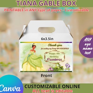 May include: Printable Tiana gable box template, featuring a green and yellow princess Tiana illustration, a frog and a butterfly, with the text "Thank you for making my party wonderful!" and "Happy 4th Birthday Cambree". The box is 6x3.5 inches.
