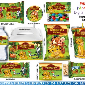 Lion King Birthday Party Pack, bag chips, water, printable wrapper, editable favors and more.