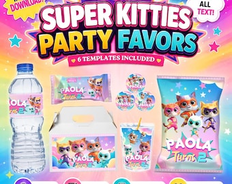 Paquete de fiesta de cumpleaños de Super Kitties para 6 personas: papas fritas, arroz inflado, jugo y más. Edítalo tú mismo en CANVA.