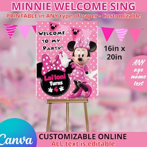 Pink Minnie Mouse Welcome SigN 16X20IN, Pink Minnie Mouse Welcome Banner, DIGITAL ONLY.  Editable in CANVA