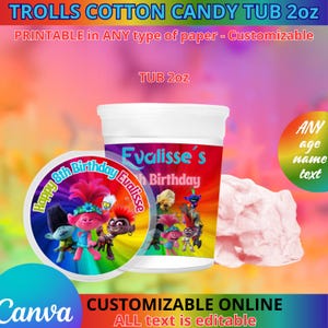 Trolls Cotton candy 2oz and lid. Editable in CANVA