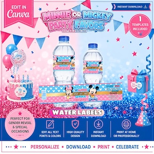 May include: A digital template for Minnie or Mickey gender reveal water bottle labels featuring pink and blue colors, cartoon characters, and text including "Minnie or Mickey Party Favors" and "What will it be? Gender Reveal" on a glittery background.