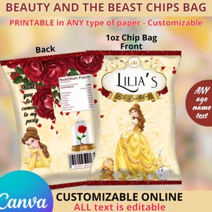 May include: A customizable chip bag featuring Beauty and the Beast characters. The design includes Belle in a yellow gown, roses, and the text "LILIA'S 6th Birthday." The bag is labeled "1oz Chip Bag" and has editable text.