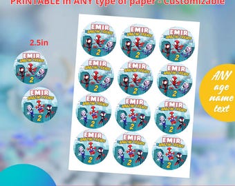 Pegatinas de Spidey y sus increíbles amigos, plantilla de 2,5, EDÍTALAS en CANVA.
