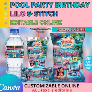 Lilo & Stitch 4 Pool Party Favors, water bottle, chip, rice Krispies, juice labels. DIGITAL