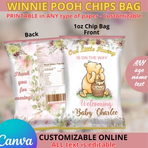 Winnie Pooh Pink Baby Shower Chips Taschen. IN CANVA BEARBEITBAR