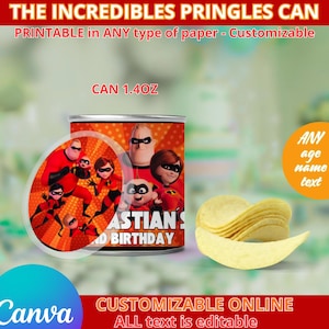 Plantilla de bolsas de papas fritas de Los Increíbles. Editable en CANVA