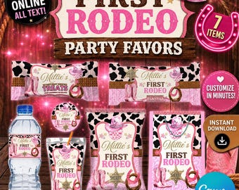 Cowgirl Birthday 7 Party Bundle Kit, Chip Bag Template, Water Bottle, Juice Bag, Chocolate Bar. Edit yourself in CANVA.