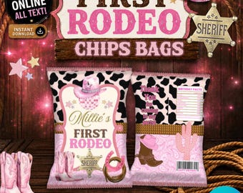 Cowgirl Birthday Chips Bags templete. EDITABLE IN CANVA