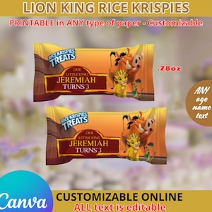 Op de afbeelding: Twee Lion King-thema Rice Krispies Treats-verpakkingen. Elke verpakking bevat een cartoonafbeelding van Simba, Timon en Pumbaa. De tekst op de verpakkingen luidt "Our Little King Jeremiah Turns 3". De verpakkingen zijn elk .78oz.