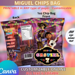 Coco Birthday Chips Bags templete. EDITABLE IN CANVA