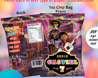 Coco Birthday Chips Bags templete. EDITABLE IN CANVA