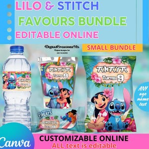 Lilo & Stitch 4 Party Favors, water bottle, chip, Rice Krispies and juice labels. Edit yourself in CANVA.
