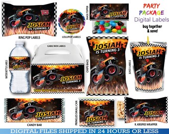 Monster Trucks Labels for Birthday, water bottle, chip, candy bars, juice labels, fruit snack, bags and more. DIGITAL ONLY.