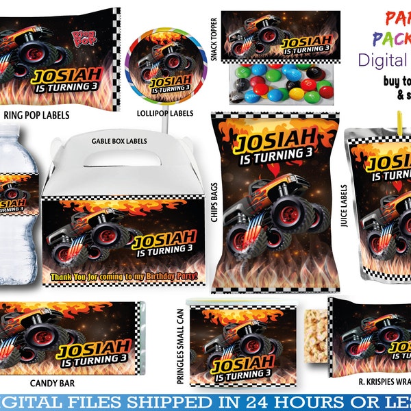 Monster Trucks Labels for Birthday, water bottle, chip, candy bars, juice labels, fruit snack, bags and more. DIGITAL ONLY.