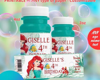 Princess Ariel the Little Mermaid - Bubble label templete 4 and 2oz. Editable in CANVA