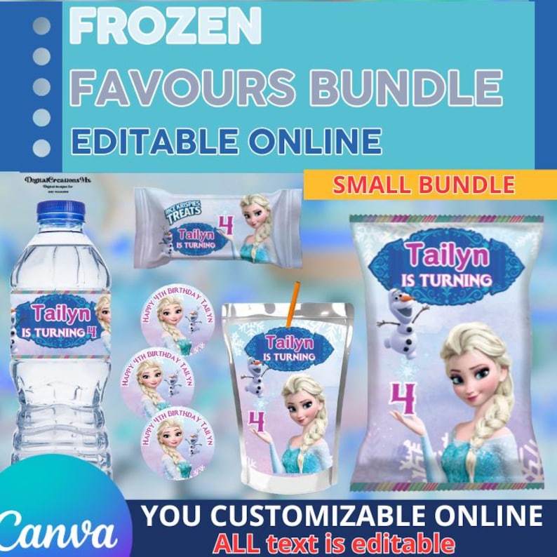 Frozen 5 Party Favors, water bottle, chip, candy bars, juice labels and more. Edit yourself in CANVA. image 1