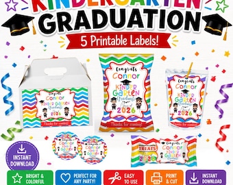 KinderGarder Gratuation Party Favor Templates, Chip Bag, Juice, rice, gable box and stickers. Canva Link