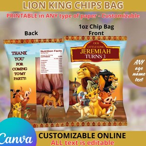 May include: A customizable Lion King-themed chip bag design. The front features Simba, Mufasa, and other characters with the text "JEREMIAH TURNS 3." The back says "THANK YOU FOR COMING TO MY PARTY!" and includes nutrition facts.