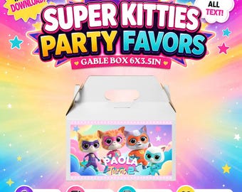 Plantilla de caja con forma de tejado para cumpleaños de Super Kitties. Editable en CANVA.