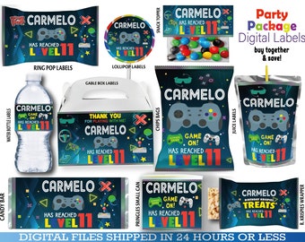 Gamer Birthday Party Bundle, water bottle, chip, candy bars, juice labels, thank you tags, activity,bags. Birthday or shower. DIGITAL