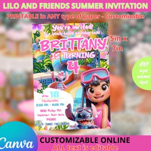 Lilo and Friends Summer invitation template 5x7in. Printable and editable in CANVA