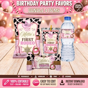 Puede incluir: Un paquete de cuatro plantillas para recuerdos de fiesta de cumpleaños con un tema de estampado de vaca rosa y negro. Los artículos incluyen una bolsa de papas fritas, una bolsa de jugo y una etiqueta de botella de agua, con el texto Millie's FIRST RODEO y Millie's 1ST BIRTHDAY KRISPIES TREATS.