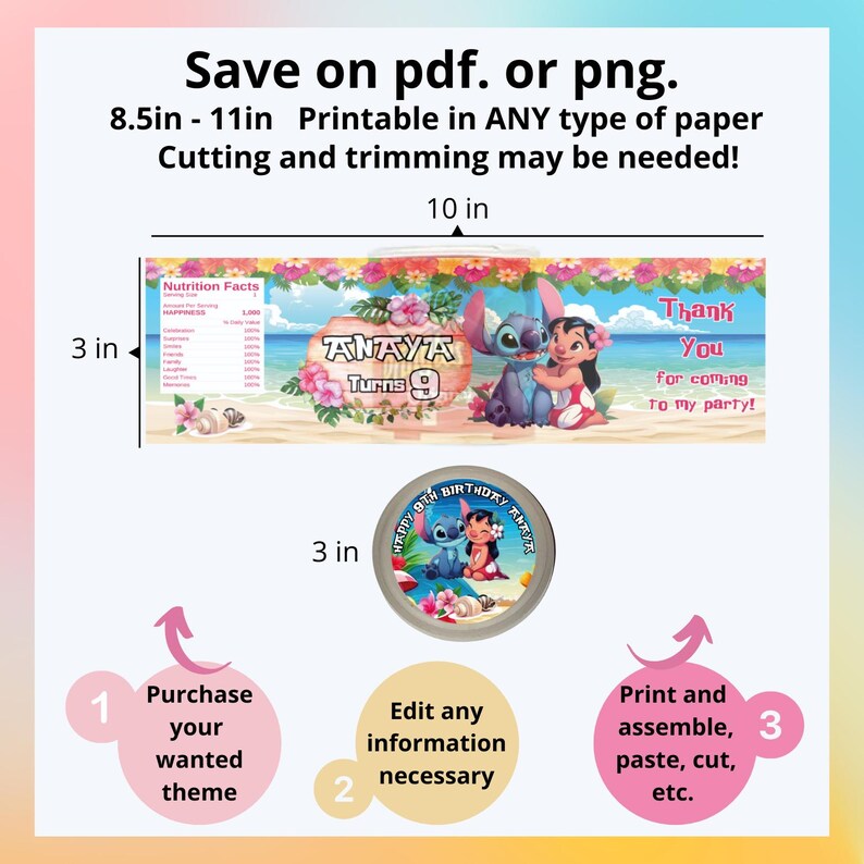 Pu&ograve; includere: Forniture per feste stampabili con Stitch e Angel di Lilo & Stitch della Disney. Il set include uno striscione che recita "ANAYA Turns 9" e un adesivo rotondo con il testo "Happy 9th Birthday Anaya". Lo striscione &egrave; largo 25,4 cm e alto 7,6 cm. L'adesivo ha un diametro di 7,6 cm. Sono incluse istruzioni per l'acquisto, la modifica e la stampa delle forniture per feste.