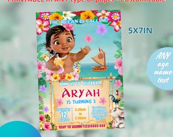 Plantilla de invitación de Moana Baby de 5 x 7 pulgadas. Imprimible y editable en CANVA