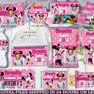 Minnie Mouse Pink Party Favors, water bottle, chip, candy bars, juice labels, gable box, fruit snack, bags and more!!. DIGITAL ONLY