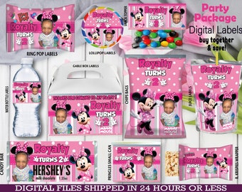 Minnie Mouse Pink Party Favors, water bottle, chip, candy bars, juice labels, gable box, fruit snack, bags and more!!. DIGITAL ONLY