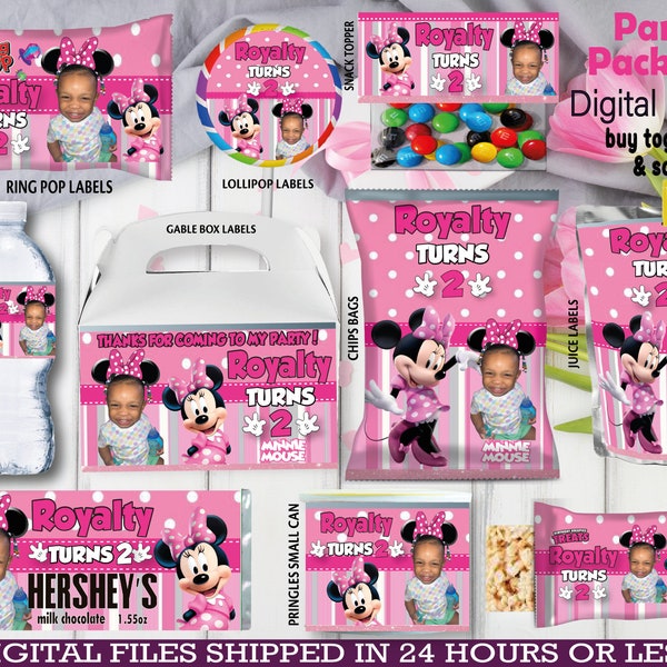 Cadeaux roses Minnie Mouse, bouteille d'eau, chips, barres chocolatées, étiquettes de jus, boîte à pignons, collation aux fruits, sacs et plus encore ! NUMÉRIQUE UNIQUEMENT