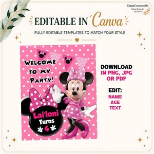 Pink Minnie Mouse Welcome SigN 16X20IN, Pink Minnie Mouse Welcome Banner, DIGITAL ONLY. Editable in CANVA image 2