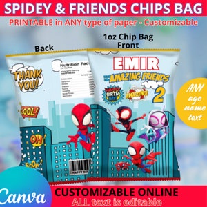 Spidey and His Amazing Friends Chips Bags. Editable in CANVA