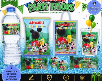 Clubhouse Mickey Mouse 7 Party favors, water bottle, chip, candy bar, juice labels, favor bags, and more!! EDITABLE IN CANVA