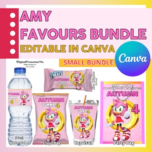 Sonic Amy Rose 5 Party Favors, water bottle, chip, rice krispies, juice labels and favor bags. DIGITAL