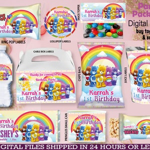 Labels For Care Bears Party Pack, water bottle, chip, candy bars, juice labels, thank you tags, activity,bags. Birthday or shower. DIGITAL