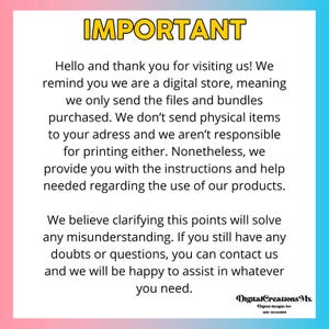 May include: A digital store announcement with the word "IMPORTANT" in yellow block letters. The text explains that the store sells digital files and bundles, not physical items, and provides instructions for use.