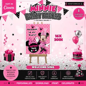 Pink Minnie Mouse Welcome SigN 16X20IN, Pink Minnie Mouse Welcome Banner, DIGITAL ONLY. Editable in CANVA image 1