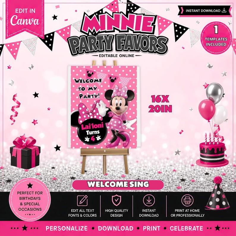 Pink Minnie Mouse Welcome SigN 16X20IN, Pink Minnie Mouse Welcome Banner, DIGITAL ONLY. Editable in CANVA image 1