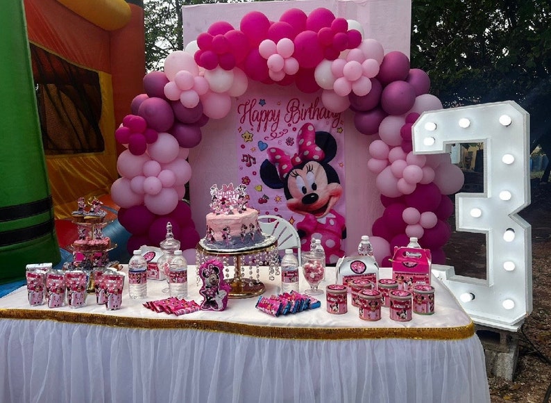 May include: A pink and white balloon arch with a Minnie Mouse backdrop and a cake decorated with a crown. There are also small containers of sweets and a light-up number 3.