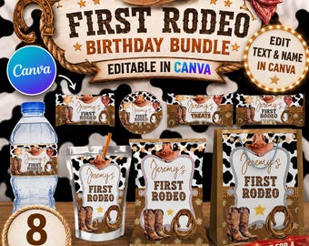 May include: A First Rodeo birthday bundle with a cowboy theme. The set includes editable templates for various party items like water bottle labels, treat bags, and a gift bag. The design features cowboy boots, a lasso, and a cowboy hat.