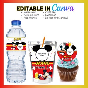 May include: Printable Mickey Mouse themed party supplies, including a water bottle label, juice box label, cupcake topper, and favor bag. The labels feature Mickey Mouse and the text "Jayce Turns 2".