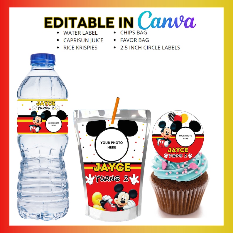 May include: Printable Mickey Mouse themed party supplies, including a water bottle label, juice box label, cupcake topper, and favor bag. The labels feature Mickey Mouse and the text "Jayce Turns 2".