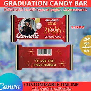 Graduation Red Candy bar 1.55oz. Editable in CANVA DIGITAL. Edit yourself in Canva