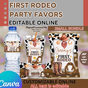Kit per festa di compleanno da cowboy per 4 persone, modello per sacchetto di patatine, bottiglia d'acqua, sacchetto di succo, Rice Krispies Canva Link