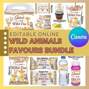 Wild One Pink 10 Birthday party Favors, water bottle, chip, candy bars, juice labels and more. DIGITAL