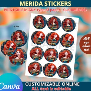 以下が含まれることがあります： 赤い巻き毛のメリダの漫画イラストが特徴の、直径6.35cmのメリダステッカーのシート。ステッカーは、年齢や名前のテキストでカスタマイズ可能です。「PRINTABLE in ANY type of paper - Customizable」というテキストが表示されています。