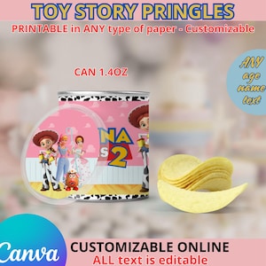 Lata pequena de Pringles Toy Story Girl. Editável em CANVA.