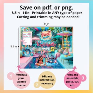 May include: A colorful digital print for a pool party, featuring the text "Pool Party" and "Kennedy is turning 5". The image is 8.5 x 11 inches and printable. Instructions are included to purchase, edit, and print the theme.
